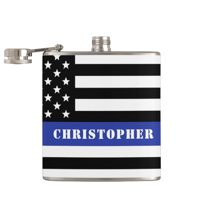 Custom Police Officer Thin Blue Line Police Dept. Hip Flask (Opened)