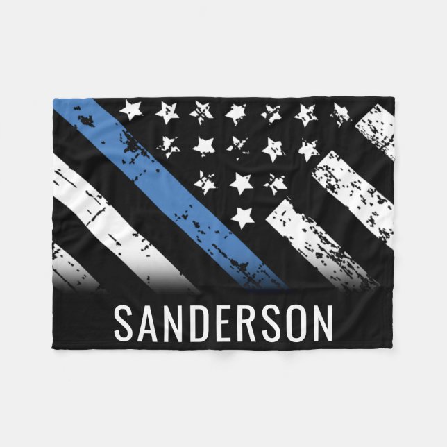 Custom Police Thin Blue Line American Flag Officer Fleece Blanket (Front (Horizontal))