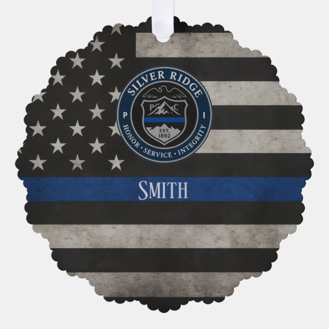 Custom Police Thin Blue Line American Flag Tree Decoration Card (Front)