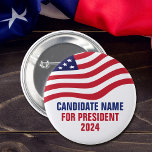 Custom Political Candidate 2024 Election Campaign  3 Cm Round Badge<br><div class="desc">Customisable political campaign candidate buttons with the American flag on top of your text in red,  white,  and blue. Add your choice for president or other political office in the 2024 election. Bold custom text.</div>