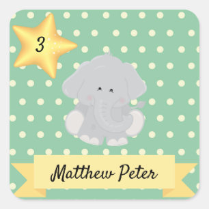 Custom Polka Dot Elephant with Name and Age Square Sticker