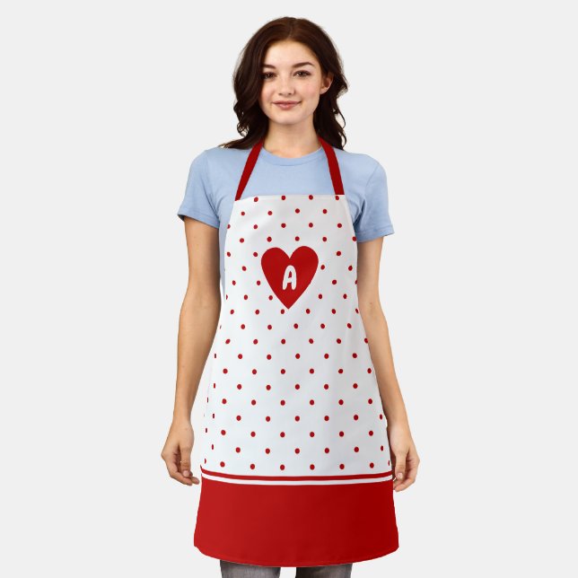 Custom Polka Dot Red White Background Monogram Apron (Worn)