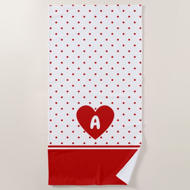 Custom Polka Dot Red White Background Monogram Beach Towel (Front)
