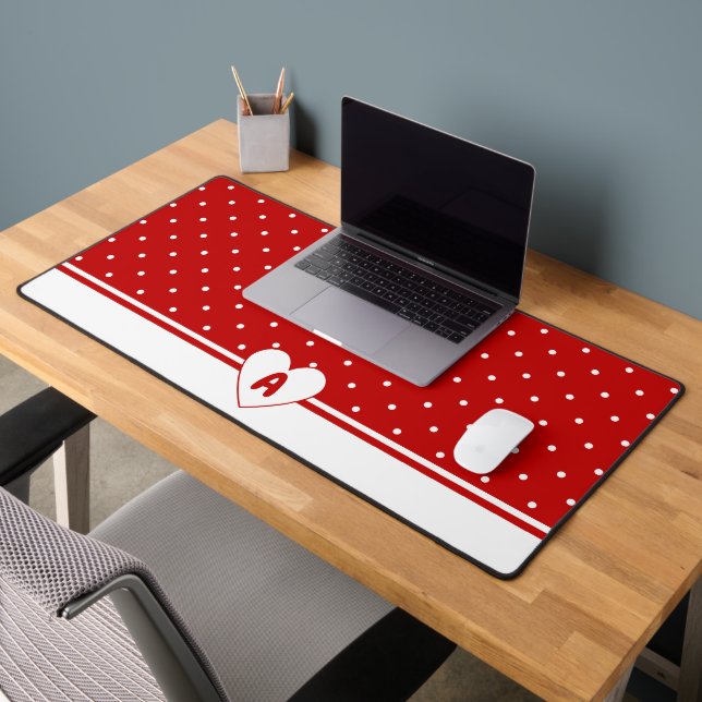 Custom Polka Dot Red White Background Monogram Des Desk Mat (Office 2)