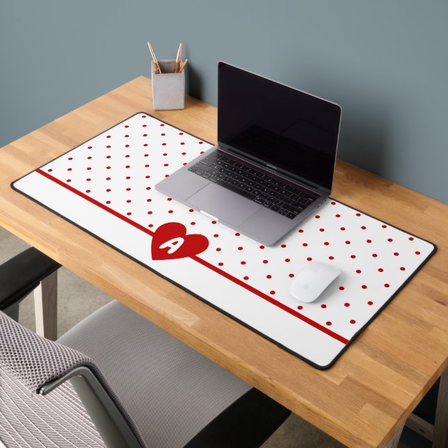 Custom Polka Dot Red White Background Monogram Desk Mat (Office 2)