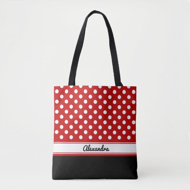 Custom Polka Dot White Red Black Base Tote Bag (Front)