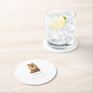 Custom Pomeranian Pet Wedding Round Paper Coaster
