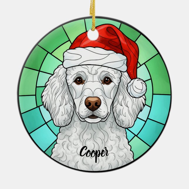 Custom Poodle Dog Santa Hat Stained Glass Ceramic Tree Decoration (Back)