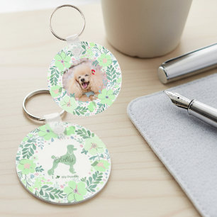 Custom Poodle Photo with Mint Green Floral Wreath Key Ring