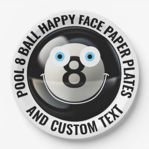 Custom Pool 8 Ball Party BLUE EYES Happy Face 9" Paper Plate