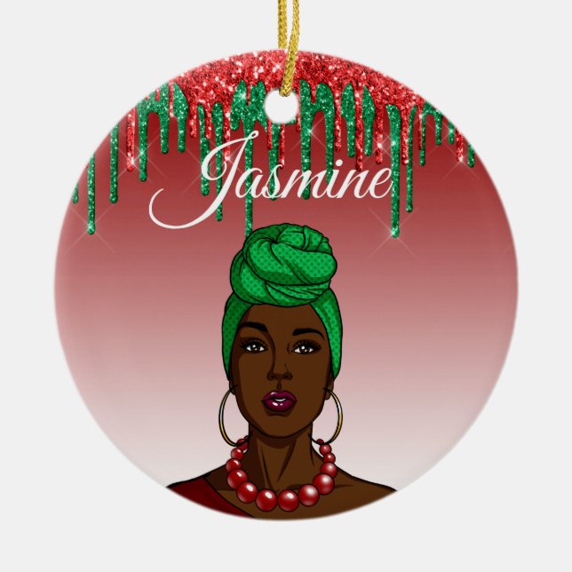 Custom Pop Art Girl  Personalised African American Ceramic Tree Decoration (Front)