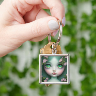 Custom Pop Surrealism Green Eyes Flowers Girl Key Ring