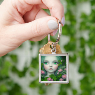 Custom Pop Surrealism Green Rose Bush Girl Key Ring