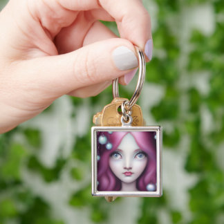Custom Pop Surrealism Pink Hair Pearls Girl Key Ring