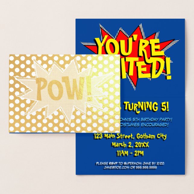 Custom "POW!" Superhero birthday party invites (Display)
