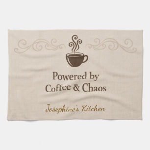 Custom Powered By Coffee Chaos Cup Elegant Trendy Tea Towel