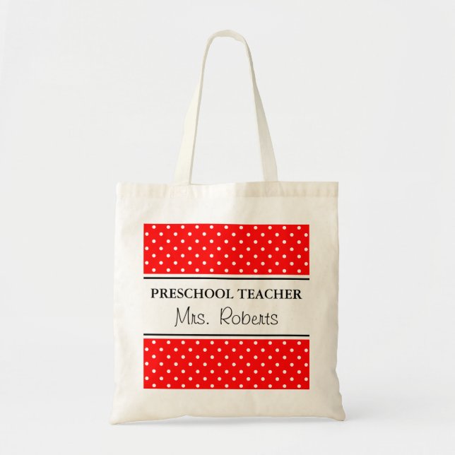 Custom pre school teacher tote bag | Red polka dot (Front)