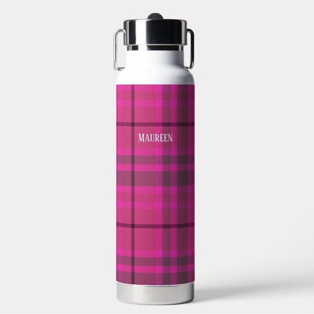 Custom preppy pink & purple plaid tartan water bottle (Front)