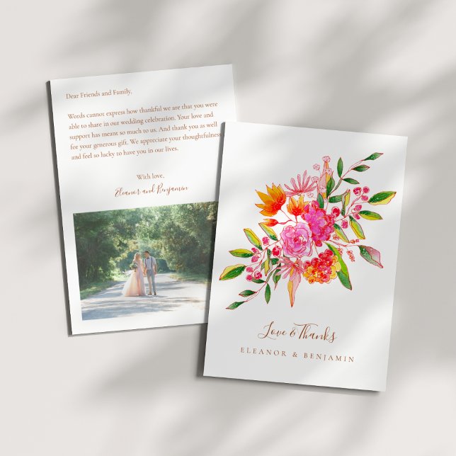 Custom Preprinted Pink Orange Floral Photo Wedding Thank You Card (Creator Uploaded)