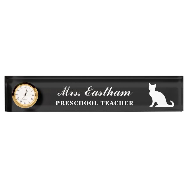 Custom preschool teacher cat clock desk nameplate (Front)
