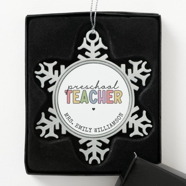 Custom Preschool Teacher Personalised Gifts Snowflake Pewter Christmas Ornament (Box)