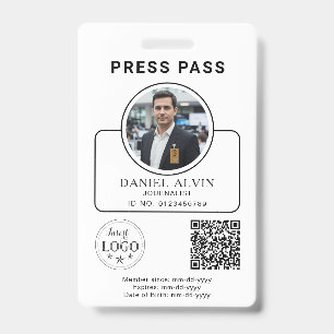Custom Press Pass with Your Photo ID and QR Code Badge
