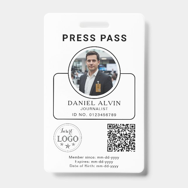 Custom Press Pass with Your Photo ID and QR Code Badge (Front)