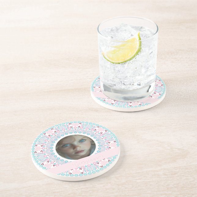 Custom Pretty Pastel Pink and Blue Mandala Frame Coaster (Side)