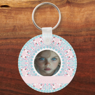 Custom Pretty Pastel Pink and Blue Mandala Frame Key Ring