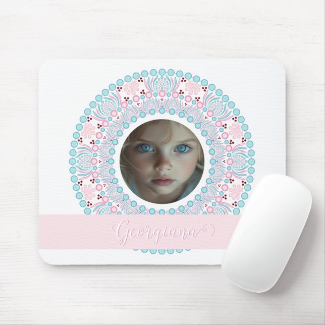 Custom Pretty Pastel Pink and Blue Mandala Frame Mouse Mat (With Mouse)
