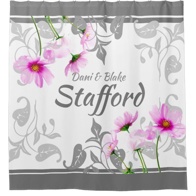 Custom Pretty Pink Cosmos Elegant Greys Your Name  Shower Curtain (Front)