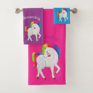 Custom Pretty Pink Purple Teal Blue Unicorn Bath Towel Set