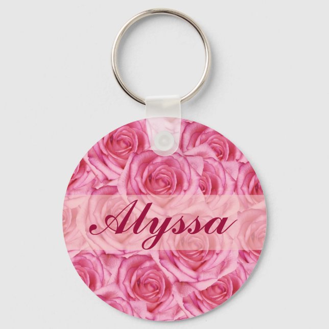 Custom Pretty Pink Roses Name, Initials Keychain (Front)