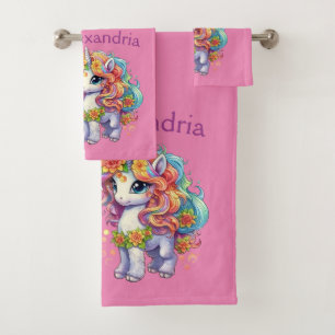 Custom Pretty Pink Unicorn Bath Towel Set