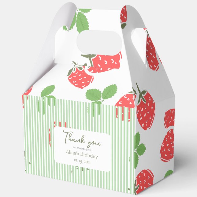 Custom pretty strawberry and stripes Green RE Favour Box (Front)