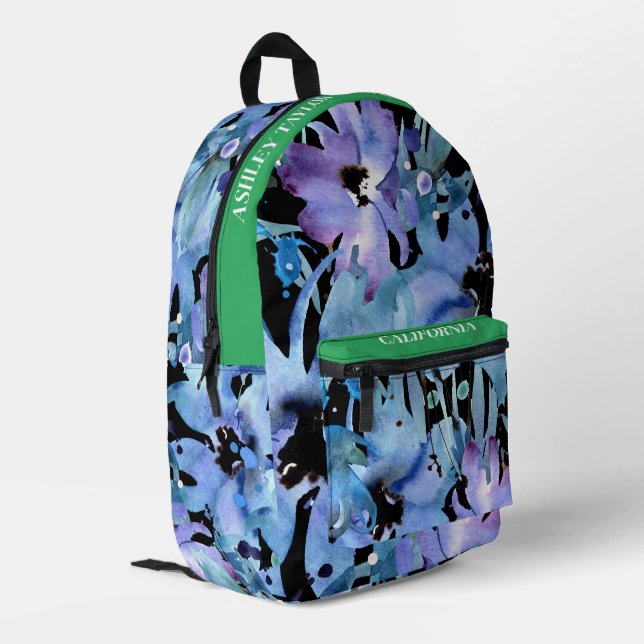 Custom pretty watercolor blue floral  printed backpack (Back Corner Left)