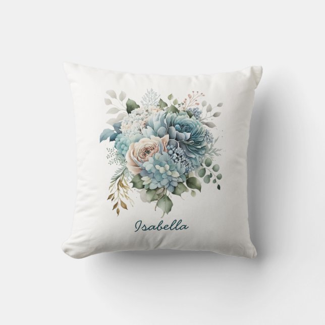 Custom Pretty Watercolor Blue Pink Floral  Cushion (Front)