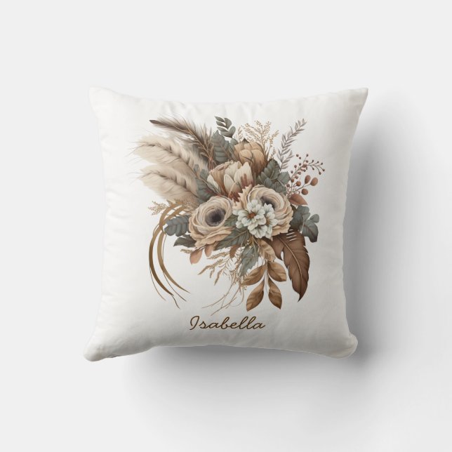 Custom Pretty Watercolor Boho Beige Floral Cushion (Back)