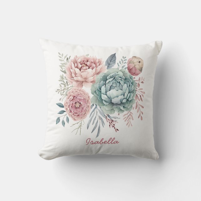 Custom Pretty Watercolor Dusty Blue Pink Floral Cushion (Front)
