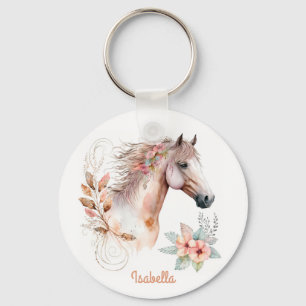 Custom Pretty Watercolor Floral Boho Horse Key Ring