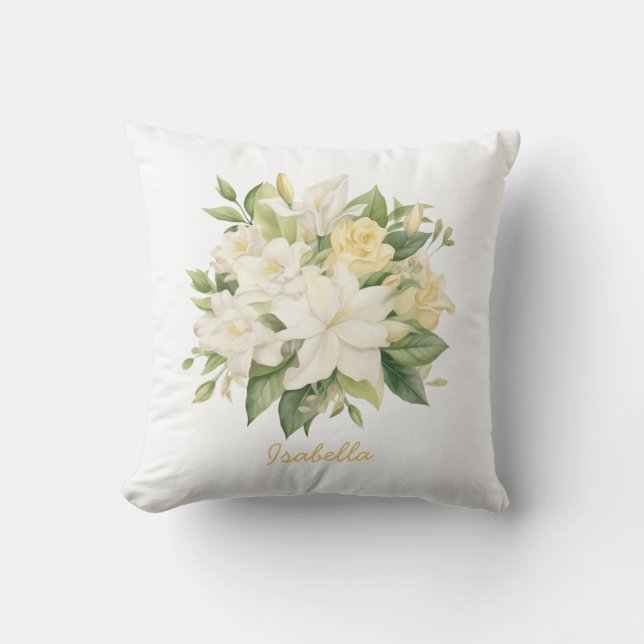 Custom Pretty Watercolor Gardenias Lilies Floral  Cushion (Front)