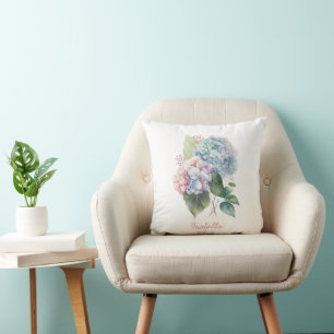 Custom Pretty Watercolor Hydrangea Floral  Cushion