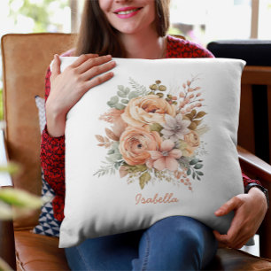 Custom Pretty Watercolor Peach Floral Cushion