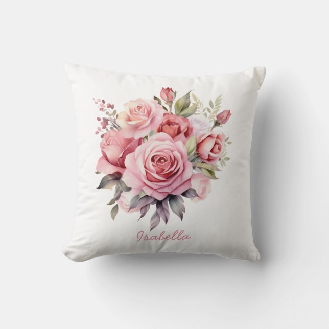 Custom Pretty Watercolor Pink Roses Floral  Cushion (Front)