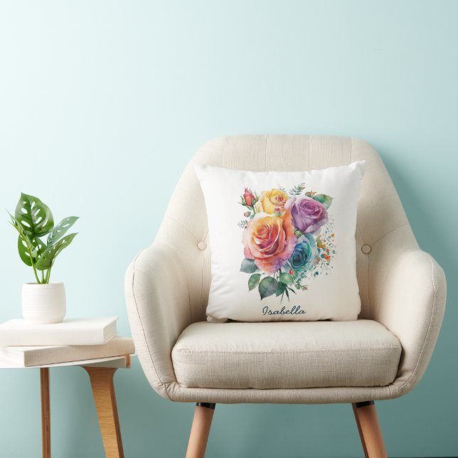 Custom Pretty Watercolor Rainbow Roses Floral Cushion (Chair)