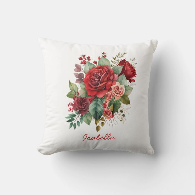 Custom Pretty Watercolor Red Pink Roses Floral Cushion (Front)