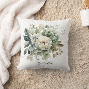 Custom Pretty Watercolor Sage Green Ivory Floral Cushion