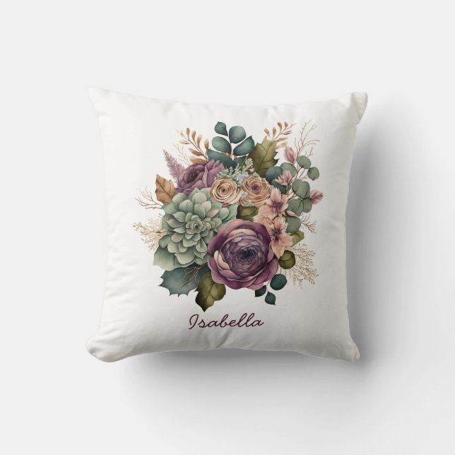 Custom Pretty Watercolor Succulent Mauve Floral Cushion (Front)