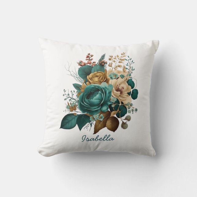 Custom Pretty Watercolor Teal Gold Floral  Cushion (Front)