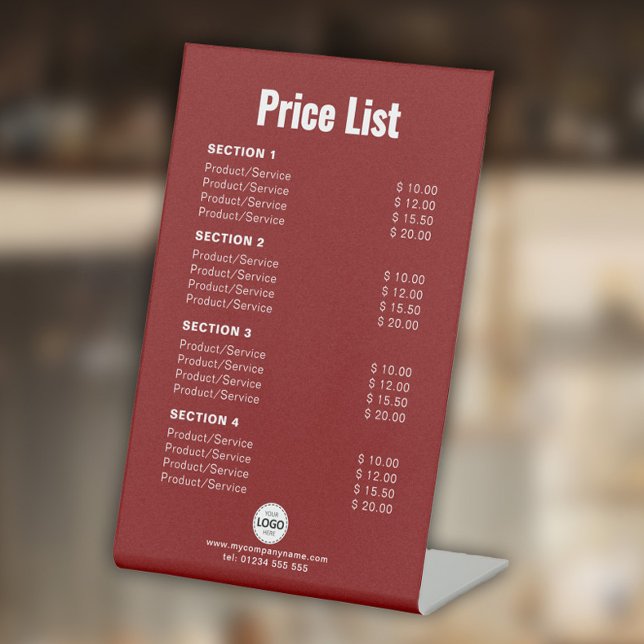 Custom Price List or Services Simple Modern Red Pedestal Sign (Creator Uploaded)